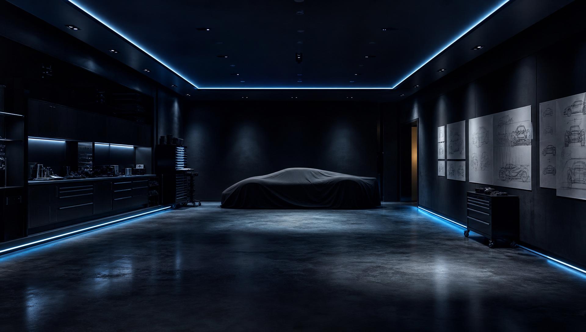 Moody premium automotive studio with blue LED accent lighting